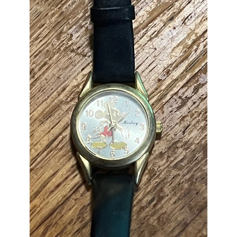 Vintage Disney Mickey Mouse Watch Gold Tone Case Black Leather Strap MU0959